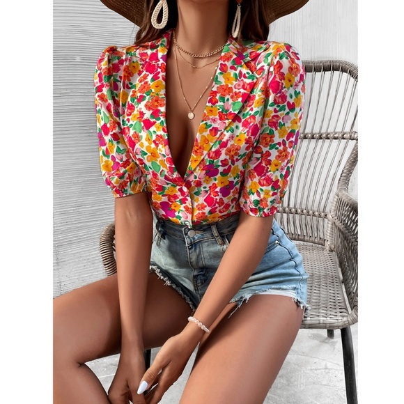 Floral Red Green Pink Button Down Puff Sleeve Shirt Lapel V-Neck - Picture 2 of 7